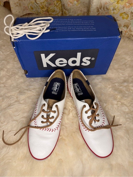 Keds Shoes - Keds Leather White Sneakers with Red Stitching and Tan Laces